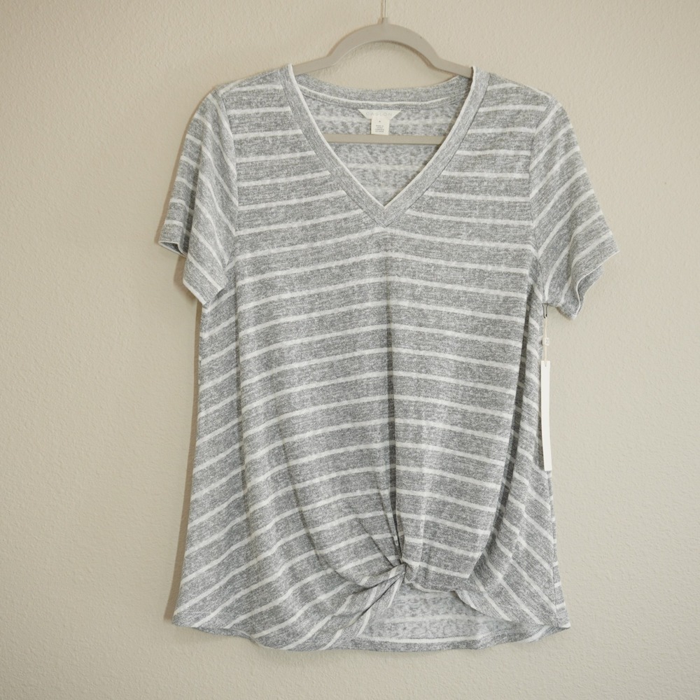 Caslon Size Medium Tee Shirt Gray White Striped V-Neck Twist Front Short Sleeve